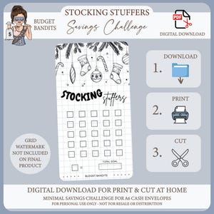 Puede incluir: Un desafío de ahorro imprimible en blanco y negro con el texto "STOCKING STUFFERS Savings Challenge". El diseño incluye ilustraciones de adornos navideños y calcetines. Se incluyen instrucciones para descargar, imprimir y cortar.