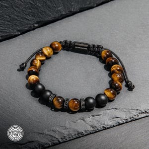 Verstelbare armband tijgeroog en zwarte onyx natuursteen, cadeau voor hem, beste voor man, vader, bescherming spirituele genezing krachtig, heren
