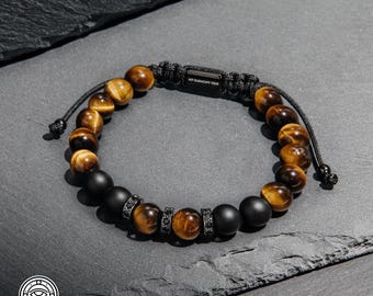 Tiger Eye & Black Onyx Natural Stone Adjustable Bracelet, Gift for Him, Best for Husband, Dad, Spiritual Healing Protection Powerful, Men&#39;s