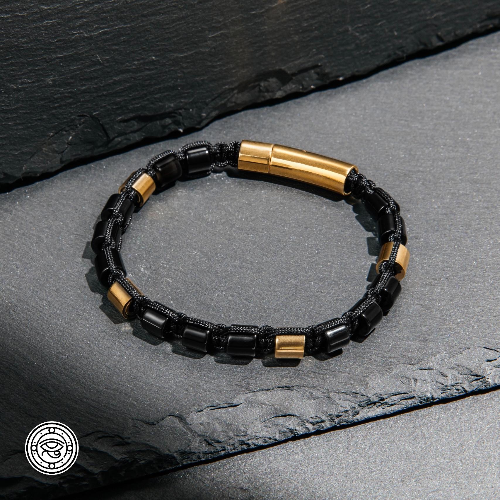 Black Onyx Natural Stone & Gold Beads Clasp Bracelet, Gift for Him, Best for Husband, Dad, Spiritual Healing Protection Powerful, Men's