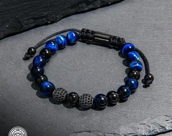 Blue Tiger Eye Natural Stone & Metal Beads Adjustable Bracelet, Gift for Him, Best for Husband, Spiritual Healing Protection Powerful, Men&#39;s