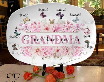 Custom Grandma Garden Birth Month Butterfly Resin Plate, Personalized Butterfly In Garden Platter, Mother Day Gift, Gift For Nana