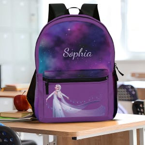 Custom Elsa Frozen Backpack, Galaxy Stars, Custom Name Girls Book Bag, Kids School Backpack, Disney Lover Back to School, Elsa Frozen Lovers