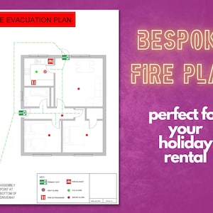 Puede incluir: Un plan de evacuación de incendios para una casa con una ruta de salida verde marcada en el plano de planta. El plan incluye símbolos para extintores de incendios, detectores de humo, detectores de calor y detectores de CO. El plan también incluye una clave para explicar los símbolos.