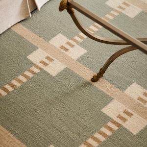 May include: Close-up of a green and beige geometric patterned rug. The rug has a woven texture and features a repeating pattern of squares and lines. A metal and glass coffee table is partially visible.
