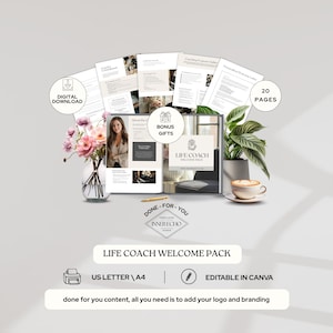 Puede incluir: Un producto de descarga digital titulado "Life Coach Welcome Pack" con 20 páginas, incluye regalos adicionales. La imagen presenta a una mujer, flores, una taza de café y el texto "Done-For-You" y "Editable in Canva".