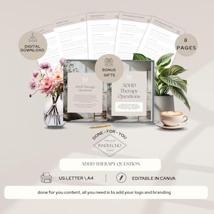 Domande sulla terapia per l'ADHD, regolazione emotiva, strumenti di coaching per i clienti, fogli di lavoro modificabili Canva, consulenza e terapia, bonus del kit del marchio