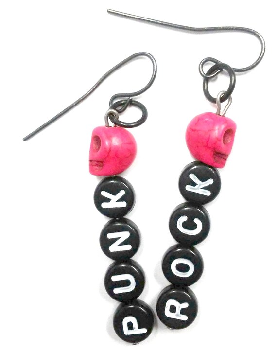 Punk Rock Pink Skull Word Letter Earrings Etsy