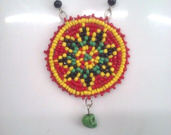 Seed Bead Flower Round Pendant on Beaded Black Glass Chain