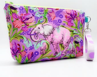 Tula Pink Everglow Elephant Wristlet Essentials Bag - Large - READY TO SHIP - Tula Pink - Elephant - Cosmetic Bag - Detachable Handle