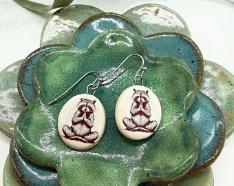 Meditating Racoon Ceramic Earrings - Animal Jewelry - Trash Panda - Whimsy - Illustrated Jewelry - Handmade - Pottery
