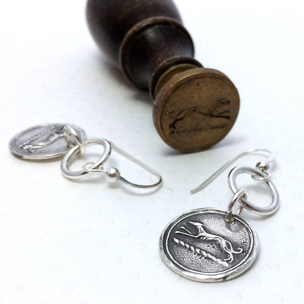 Wax Seal Greyhound Earrings - Greyhound - Greyhound Jewelry - Antique Wax Seal Jewelry - Victorian - Whippet - Italian Greyhound - Galgo