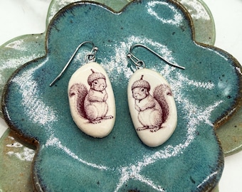 Squirrel Ceramic Earrings - Animal Jewelry - Acorn - Whimsy - Illustrated Jewelry - Handmade - Pottery