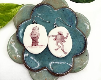 Frog and Toad Earrings - Ceramic - Arnold Lobel - Frog and Toad - Handmade - Children's Book Jewelry -  Frog Toad - Illustrated Jewelry