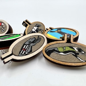 Rich Skipworth Greyhound Pins - Embroidery Hoop Pins - Fabric - Greyhound Pin - Whippet - Galgo - Italian Greyhound - READY TO SHIP - Brooch