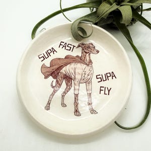 May include: A round, off-white ceramic dish featuring a superhero greyhound illustration. The dog wears a cape and a shirt with a lightning bolt. Text on the dish reads "SUPA FAST" and "SUPA FLY". A decorative plant is in the background.