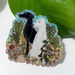 Greyhounds and Plants Sticker Greyhound Dog Lover Ready TO SHIP Glitter Sticker Whippet Galgo Italian Greyhound Plant Lover image 1