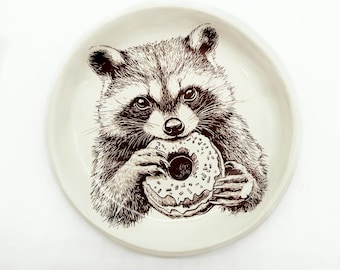 Raccoon Ceramic Plate - Handmade - Pottery - Animals Eating Donuts