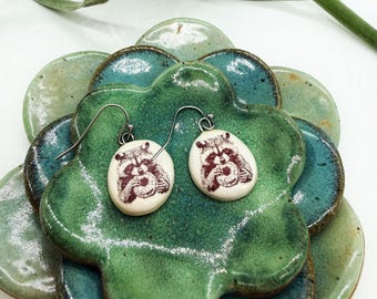 Racoon Ceramic Earrings - Animal Jewelry - Trash Panda - Whimsy - Illustrated Jewelry - Handmade - Pottery - Racoon Eating Donut
