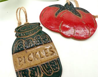 Tomato and Pickles Christmas Ornaments - Hand-painted Ceramic Farm Theme