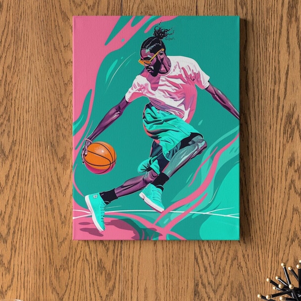 Tableau basketteur qui dribble - Toile Basketball- Affiche joueur de basketball- Poster dynamique- Turquoise