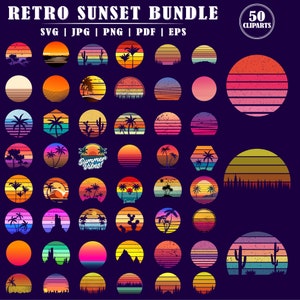 Cute Retro Sunset Svg Bundles, Vintage Palm Tree Sunset, Retro Sunset PNG, Distressed Sunset, Retro Circle Svg, Summer Slipart, Hot Sunset