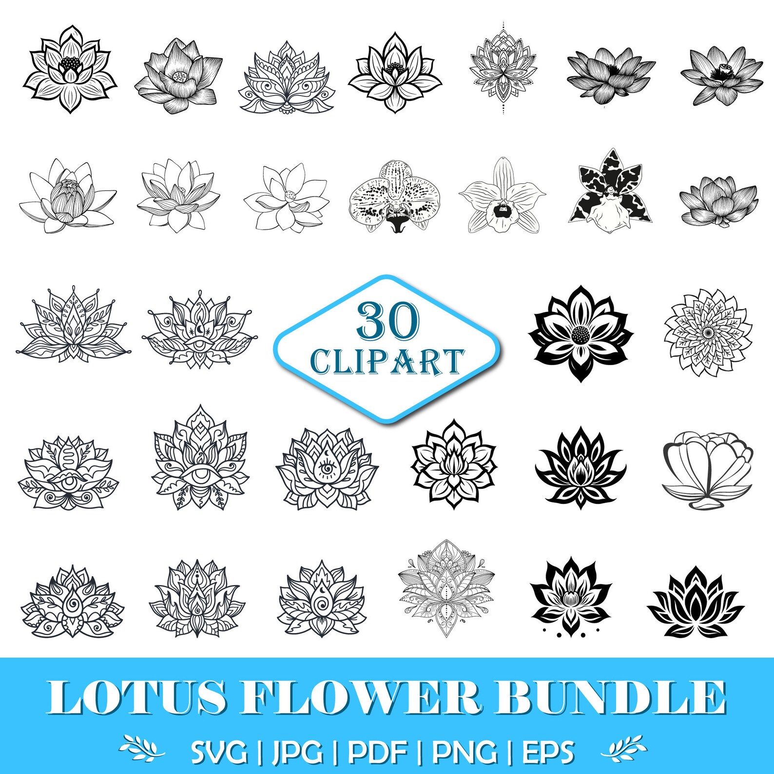 Lotus Flower Svg, Flower Svg Clip Bundles, 30 Lotus Flower Designs, Meditation Clipart, Lotus ...