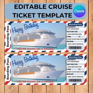 Bearbeitbare Cruise Ticket Vorlage, Überraschungskreuzfahrt, Urlaubs Bordkarte, Jubiläum, Urlaub in Canva druckbar