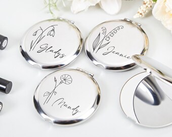 Personalized Compact Mirror, Custom Compact Mirror,Bridesmaid Proposal Gifts, Personalized Gift for Women,Birth Flower Pocket Mirror for Her