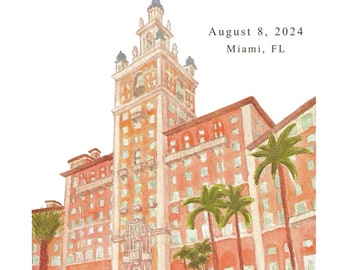 Save the Date at The Biltmore Hotel - Custom, hand painted, watercolor wedding venue illustration