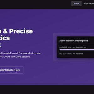 May include: A website interface for Karya Dua Sejahtera featuring a deep purple background with white text. The header displays the company name and navigation links. The main section includes the title Authoritative & Precise Global Logistics Management, a descriptive paragraph, and an Active Manifest Tracking Feed box showing Waybill Vector Parameter KDS-8912-IDN.