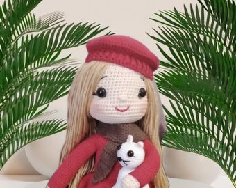 handmade crochet amigurumi doll, red dress,red hat, blonde, unique, custom, personalized, miniature gifts for her/him,baby girl,baby shower