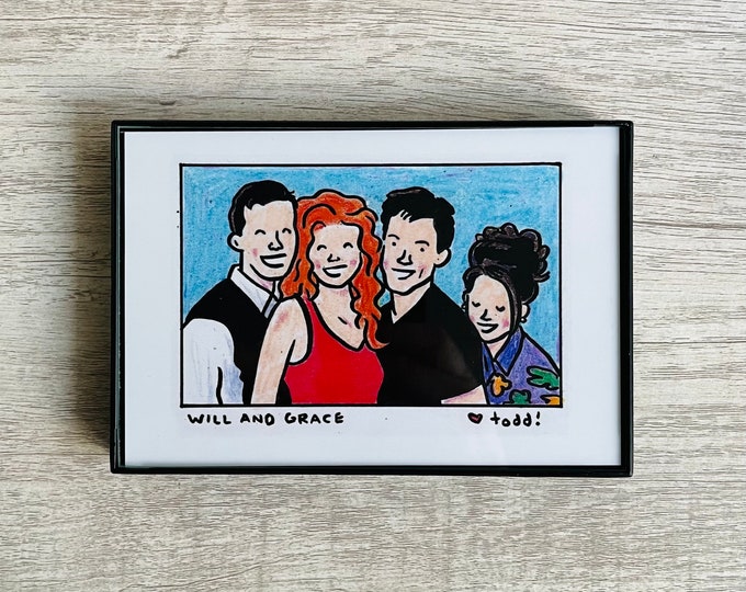 Will and Grace, 4 x 6 inch Print, Crayon Drawing, Illustration, Will, Grace, Jack, Karen, Pop Culture, Wall Decor, TV