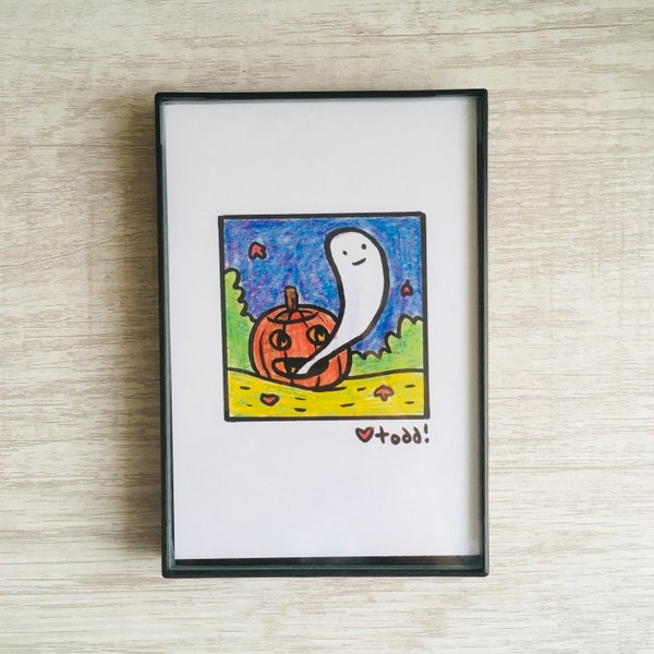 Pumpkin Ghost - 4x6 inch print, art, drawing, minimalist, falling leaves, pumpkin, October, Halloween, ghost