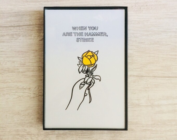 When You are the Hammer, Strike - 4x6 inch print, ink & crayon, Basic Forms, chance operations, art, drawing, minimalist, flowers, hands