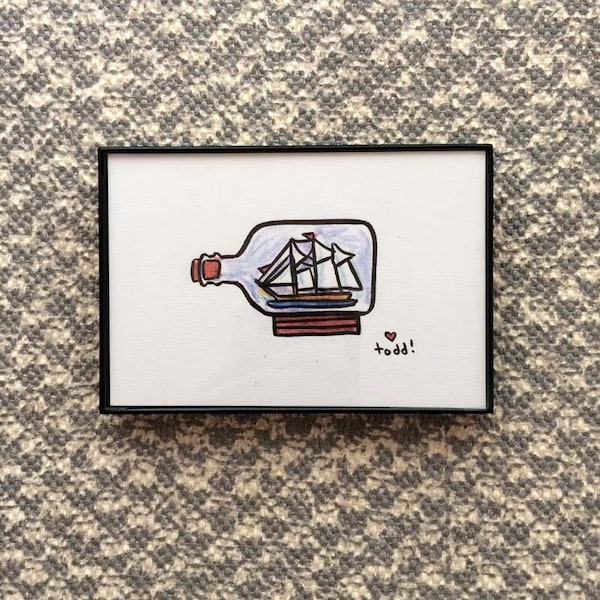 Ship in a Bottle Print: Framed Nautical Art (4x6 inches)