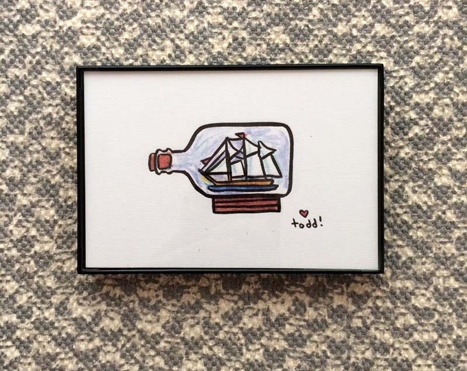 Art, Print, Ship in a Bottle, 4x6 inches, nautical, framed artwork, wall decor, ship, boat, hobbies, ink and crayon, original drawing, jar