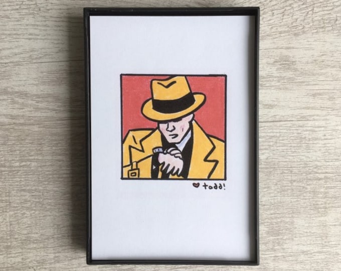 Art, Dick Tracy two way radio watch, 4 x 6 inch Print, ink and crayon drawing, Warren Beatty, trench coat, yellow hat, movies
