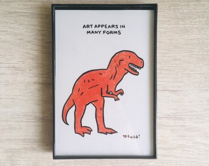 Art appears in many forms, 4x6 inch print, ink & crayon, dinosaur, chance operations, art, drawing, minimalist, Basic Forms, toy dinosaur