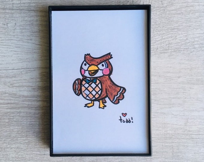 Blathers - Animal Crossing, 4x6 inch print, Video Game, Crayon Drawing, Gift, Gamer, Pop Culture, Wall Decor, Owl, Maps, Nintendo