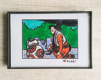 Star Wars - Poe Dameron and BB-8, 4 x 6 inch Print, Crayon Drawing, Movies, Pop Culture, Wall Decor, George Lucas, Jedi
