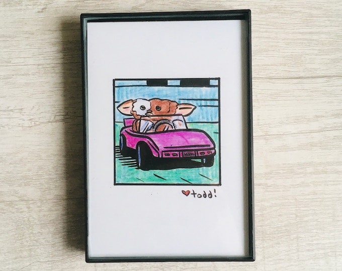 Gremlins - Gizmo Car / 4x6 inch Print, Art, Mogwai, Monsters, Crayon Drawing, Movies, Joe Dante, 1984, Gift, Pop Culture, Wall Decor