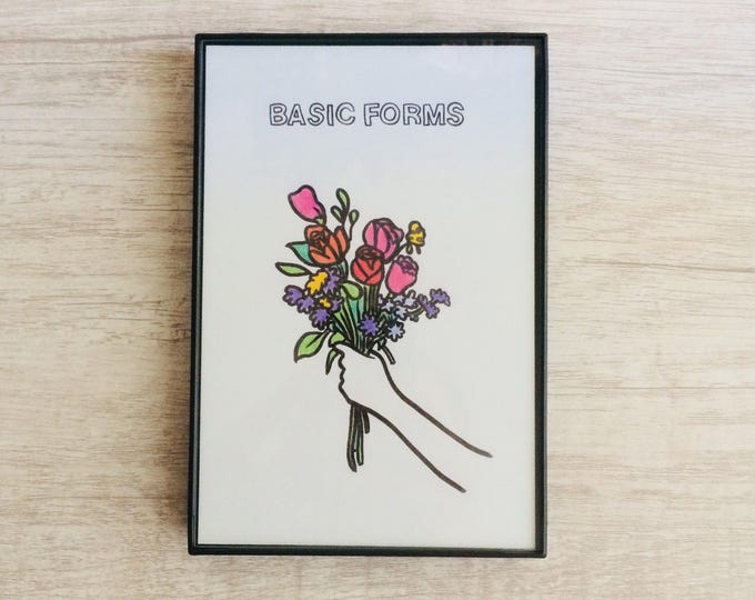 Basic Forms, 4x6 inch print, ink & crayon, bouquet, chance operations, art, drawing, minimalist, flowers, hands