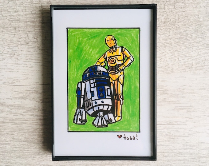 Star Wars - R2-D2 and C-3PO, 4 x 6 inch Print, Crayon Drawing, Movies, Pop Culture, Wall Decor, George Lucas, Jedi