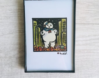 Ghostbusters, 4 x 6 inch Print, ink and crayon, Stay Puft Marshmallow Man, movies, art