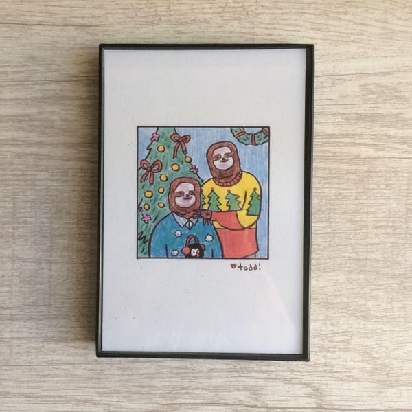 Sweater Sloth Family Portrait, Print, 4 x 6 inches, Crayon Drawing, Gift, Wall Decor, Illustration, Animal, Silly, Christmas, Holiday,
