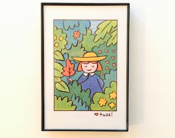 Madeline and flowers, print, 4 x 6 inches, art, children&#39;s books, classics, Ludwig Bemelmans, Madeline, kids, wall decor
