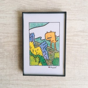 Larry in the mountains Print, 4 x 6 inches, Todd Webb, Toddbot, Wall Decor, Gift Idea, Dinosaur, Drawing, Art, Funtastrophe