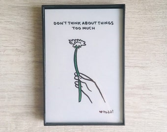 Don’t Think About Things Too Much - 4x6 inch print, ink & crayon, Basic Forms, chance operations, art, drawing, minimalist, flowers, hands