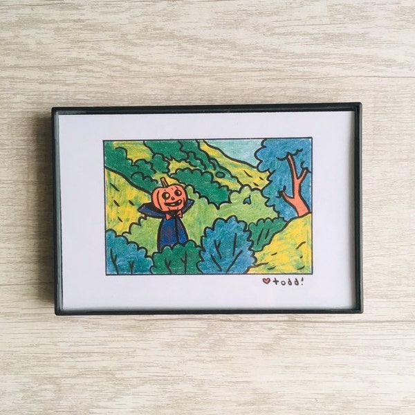 Pumpkin Head in the wild, 4x6 inch print, art, drawing, minimalist, falling leaves, pumpkin, October, Halloween, bow tie